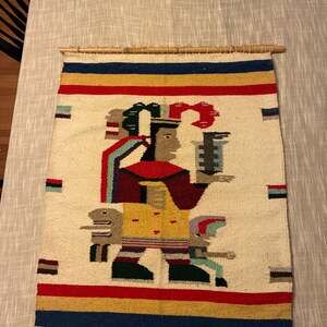 Vintage Hand Woven Mexican Zapotec Wool Tapestry Aztec Warrior Wall Hanging